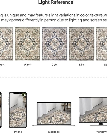 ReaLife Rugs Machine Washable Area Rug - Living Room Bedroom Bathroom Kitchen Entryway Office - Padded Crease Free Stain Resistant Premium - Boho Farmhouse Vintage- Joy - Brown Tan - 2'x 3'