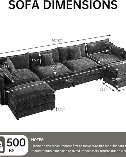 Modular Sectional Sofa, 147.2 Inch U Shaped Couch Set with Armrests, 4-Seater Comfy Cloud Couches with Movable Ottoman for Living Room Apartment, Grey