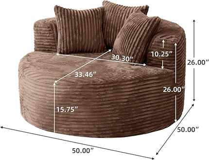 JACH Oversized Round Lazy Sofa Chair with Three Pillows, 50" Corduroy Deep Seat Single Sleeper Sofas, Upholstered Chaise, Cloud Couch for Living Room, Apartment, Light Brown