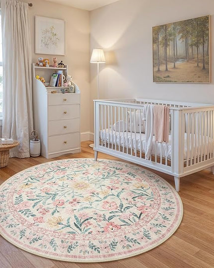 Wonnitar Washable Round Rugs 6ft, Pink Floral Circle Rug Large Round Carpet for Bedroom, Boho Soft Ultra-Thin Circular Carpets for Kids Playroom Living Room Nursery