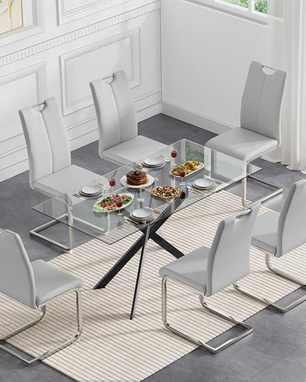 7 Piece Glass Dining Table Set, Glass Kitchen Dining Room Table Set for 6, 61" Modern Rectangular Black Glass Metal Dining Table with 6 Grey PU Leather Dining Chairs for Kitchen Dining Room