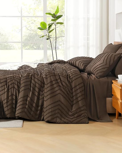 Litanika Super King Size Comforter Set with Sheets Brown - 7 Pieces Bed in a Bag Oversized King Boho Tufted Complete Bedding Sets with Comforter, Sheets, Pillowcases & Shams
