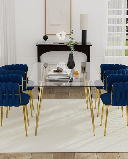 Modern Gold Glass Dining Table Set for 4, 63'' Clear Glass Top Rectangular Dinner Room Table Set, 5 PCS Large Luxury Kitchen Table Set, Navy Blue Woven Chair for Home Apartment Living Room