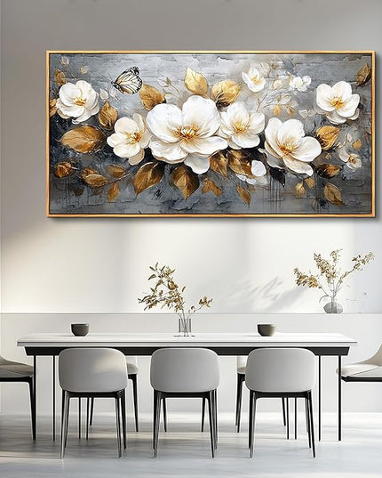 FUHAIHUA Large Wood Framed Wall Decor For Living Room Canvas Wall Art For Office Modern Wall Decorations For Bedroom White Flower Painting Farmhouse Pictures Artwork Room Home Decor 24x48 In