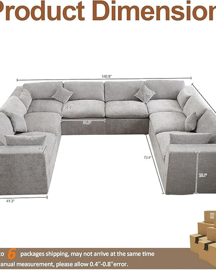 155''Cloud Boneless Sectional Couch, Modular Sectional Sofa Deep Seat, Oversized Upholstered Convertible Comfy 8 Seater Chenille Memory Foam Sofa U Shape Couches for Living Room, Light Grey