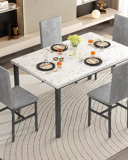 AWQM Dining Table Set for 4, Modern Marble Dining Table Set with 4 Upholstered Velvet Chairs,Dining Room Table Set for Kitchen, Breakfast Nook, Dining Room, Grey