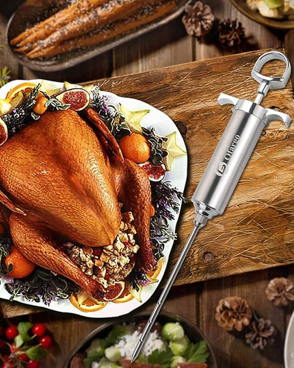 Ofargo Stainless Steel Meat Injector Syringe Kit with 4 Marinade Needles for BBQ Grill Smoker, Gifts for Men Dad Husband in Thanksgiving Christmas Day, 2-oz Large Capacity, Both Paper User Manual and E-Book Recipe