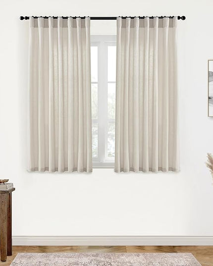 XTMYI Back Tab/Hook Belt Linen Cotton Sheer Curtains for Bedroom 2 Panels,45 Inch Length,Oatmeal Beige