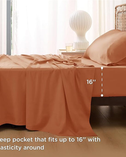 Bedsure Cooling Sheets Twin XL, Rayon Derived from Bamboo, Breathable & Soft Twin XL Sheet Sets, Deep Pocket Up to 16 Inches, Hotel Luxury Silky Dorm Bedding for Hot Sleepers, Burnt Orange