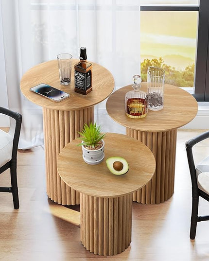 Round Nesting Coffee Table Set of 3,Mid Century Modern Fluted Coffee and End Table Set,Small Circle Wooden Side Table Drink Table for Living Room (Natural)