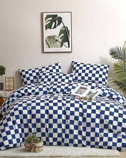 CLOTHKNOW Blue White Plaid Comforter Sets Twin/Twin XL Grid Bedding Comforter Sets Royal Blue White Bed Comforter Blue Bedding Sets Soft