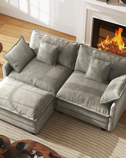 WorthFurni 77 Inch L Shape Cloud Sofa, Modular Sectional Couch with Ottoman, Comfy Chenille Deep Seat Loveseat with Pillow for Living Room Bedroom Apartment （Grey）