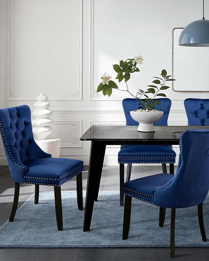 SoarFlash Velvet Dining Chairs Set of 6, Tall Back Side Chair, Modern Upholstered High-end Tufted Side Chair with Button Back Ring, Solid Wood Legs (Blue)