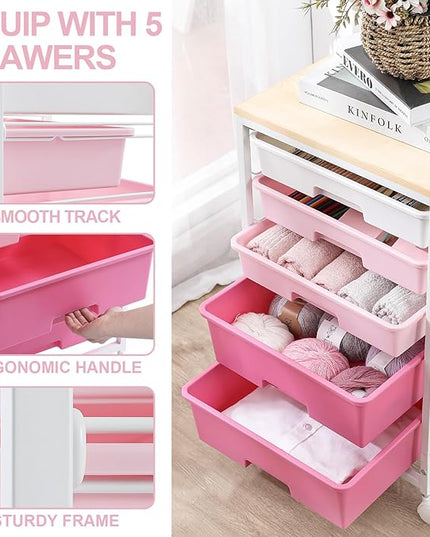 Utility Cart with 5 Drawers,Storage Drawer Cart with Wooden Tabletop and Lockable Wheels,Craft Storage Trolley Cart,5-Tier Rolling Utility Cart on Wheels,Rose Pink