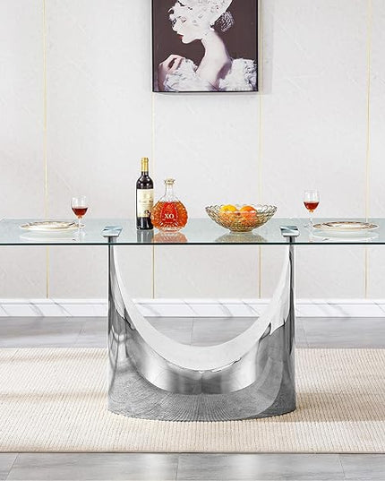 70" Large Glass Dining Table,Modern Rectangular Dining Room Table with 0.39" Tempered Glass Top & Silver Finish Stainless Steel Legs, Modern Clear Kitchen Table for Home Office