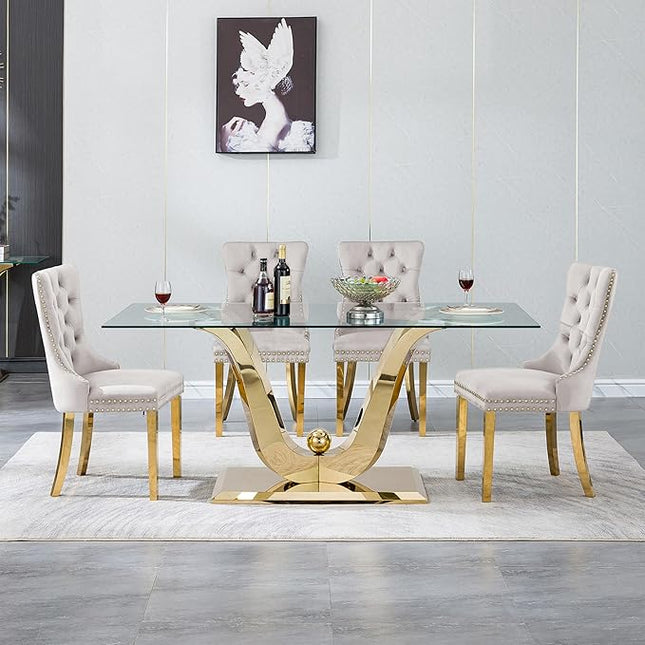7-Piece Glass Dining Table Set w/6 Beige Upholstered Dining Chairs, 70in Rectangular Large Kitchen Table Set for 6, Glass and Gold Dining Table and Chair Set for 6