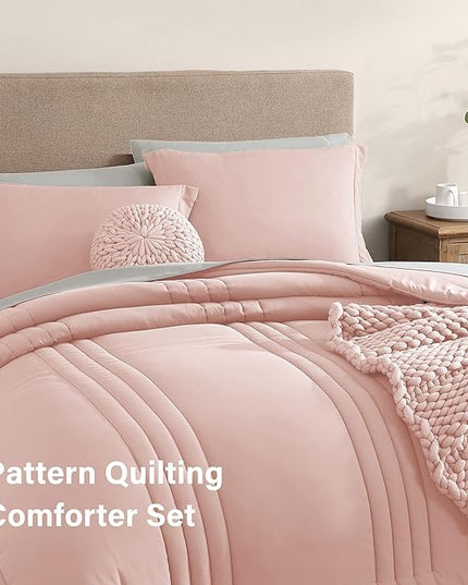 Monbix Full Comforter Set - 7 Pieces Light Pink Bed in a Bag Full Size Bedding Sets with Comforters, All Seasons Down Alternative Comforter with Sheets,Pillowcases & Shams