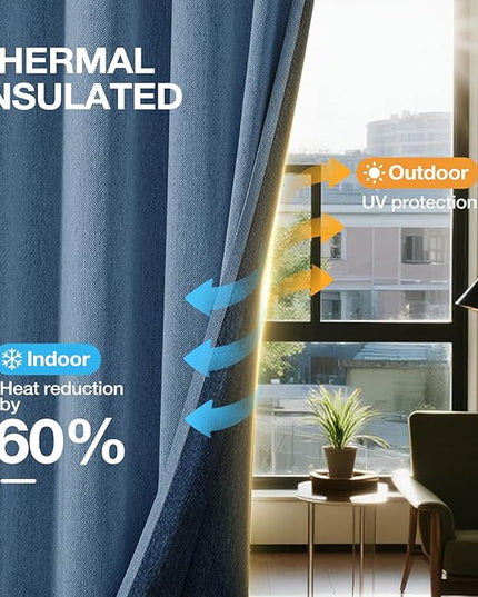 100% Blackout Curtains for Bedroom, Thermal Insulated Curtains 63 Inch Length Curtain 2 Panels, Soft Farmhouse Linen-Look Textured Full Light Blocking Room Darkening Drapes, W52xL63, Blue