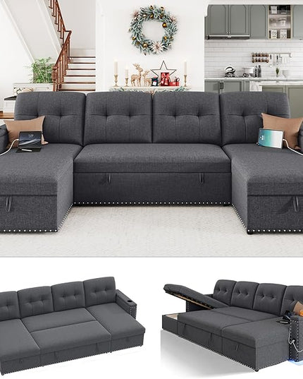 HIFIT 106" Sectional Couches for Living Room- Pull Out Sleeper Sofa Couch w/Storage Chaise,Storage Armrest,LED Light&USB Port&Cupholder, Modern Linen U Shaped Home Sofa Living Room Furniture Set, Grey