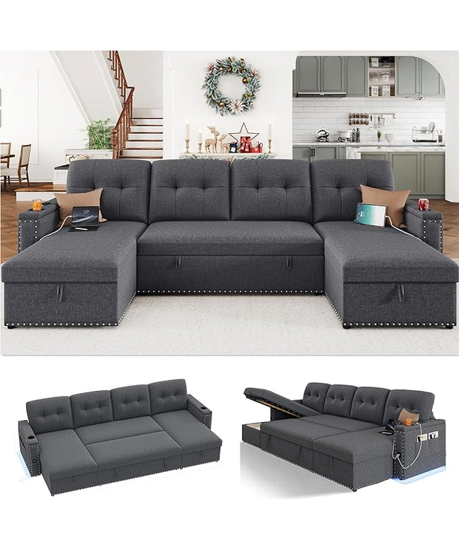 HIFIT 106" Sectional Couches for Living Room- Pull Out Sleeper Sofa Couch w/Storage Chaise,Storage Armrest,LED Light&USB Port&Cupholder, Modern Linen U Shaped Home Sofa Living Room Furniture Set, Grey