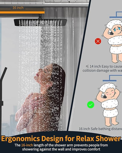 SR SUN RISE Matte Black Square Rainfall Shower Head and Handle Set, Wall Mounted Shower Fixtures, Metal Shower Faucet Trim Repair Kits (With Shower Valve) 16 Inches