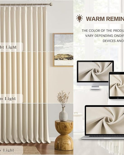 KEQIAOSUOCAI Cream Beige Curtains 72 inch Wide x 108 inch Long 2 Panels - Thermal Room Divider Curtains for Bedroom/Living Room/Patio, Wide Width Pinch Pleated Ceiling Track Curtain Panel with Hooks
