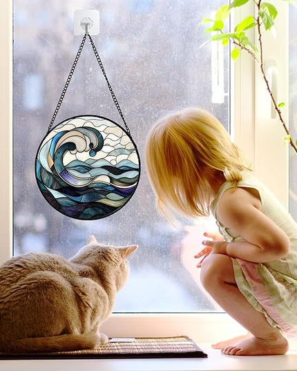 Stained Glass Window Hanging, Ocean Waves Sun Catchers Diamond Glass Panel Hangings Abstract Suncatcher Decor for Birthday for Women, Men, Wife, Aunt, and Mom 6.3 in