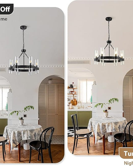 6-Light Large Black Wagon Wheel Chandelier with Glass Shades, 20 Inch Farmhouse Industrial Round Chandelier for High Ceilings, Pendant Lighting Fixture for Dining Living Room Kitchen Island Foyer