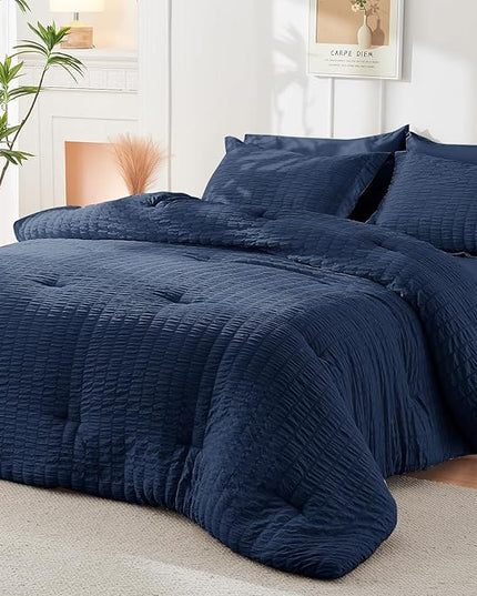 HYMOKEGE Navy Blue Queen Comforter Set Seersucker 7 Pieces, All Season Luxury Bed in a Bag for Bedroom, Bedding Set with Comforters, Sheets, Pillowcases & Shams