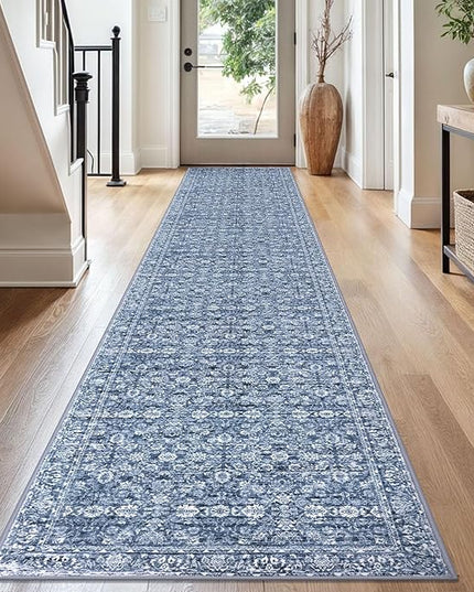 2.6x16 Runner Washable Rug for Kitchen, Blue Soft Classic Runners with Non-Slip, Non-Shedding Distressed Floral Rug for Hallways Entryway Bedroom Bathroom Laundry Indoor