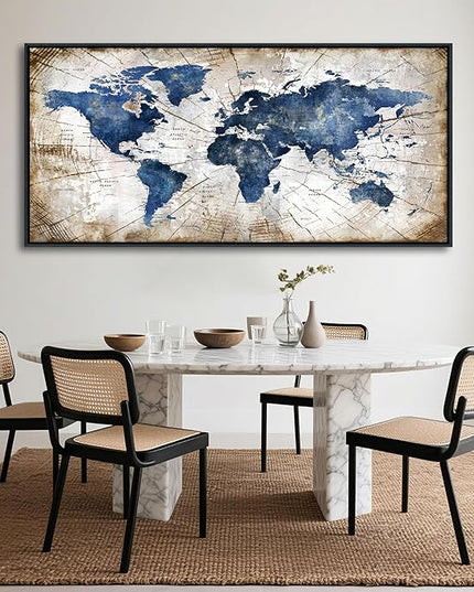 World Map Canvas Wall Art Navy World Maps for Wall Vintage Modern Wall Art for Office Framed Pictures for Living Room Bedroom Wall Decoration for Home Office Decor Artwork for Walls 29x58IN