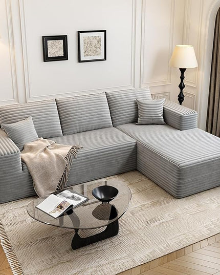 107.5" Cloud Modular Sectional Sofa Couch with L-Shape Chaise,Modern Minimalist Upholstered Couches for Living Room Bedroom,Deep Seat Corner Couch，No Assembly Required (Grey,Right Facing Chaise)