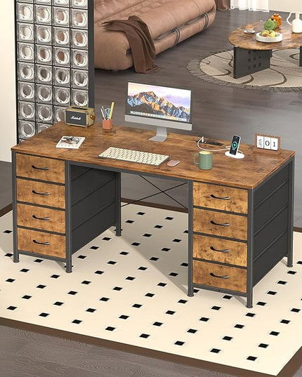 50 Inch Computer Desk with 8 Drawers, Home Office Desk with Power Outlets, Work Study Gaming Desk with 8 Fabric Drawers, Rustic Brown