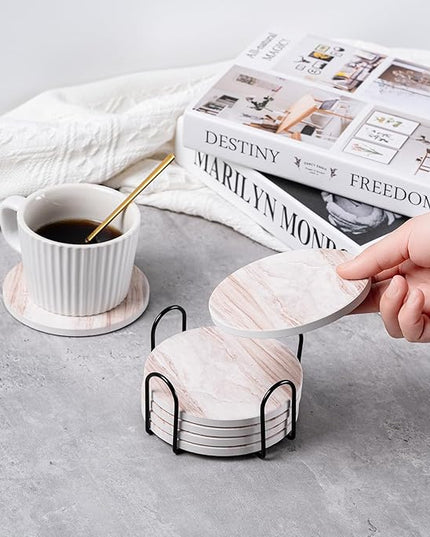 Hoewina 6Pcs Drink Coasters with Holder, Marble Style Ceramic Drink Coaster, Absorbent Coasters Set Suitable for Kinds of Cups, Modern Style Coasters for Coffee Table, 4 Inches（Blue Marble Style）