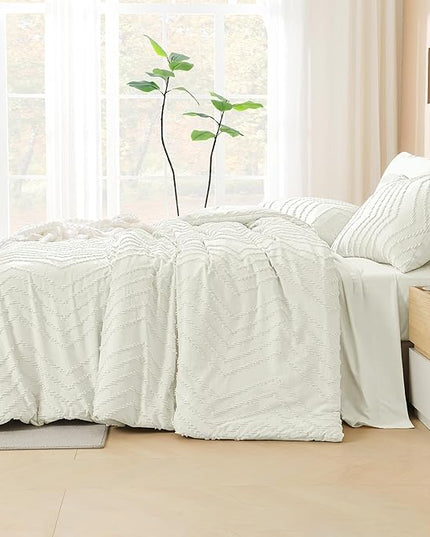 Litanika Twin XL Comforter Set Ivory - Boho Tufted Shabby Chic Bed in a Bag for College Dorm, 5 Pieces Fluffy Soft Farmhouse Bed Set for All Seasons