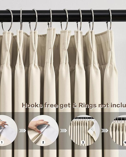 KEQIAOSUOCAI Cream Black Out Pleated Curtains 102 Inch Long,Elegant Luxury Soft Polyester Window Drapes for Living Room Office Hook Pleated Curtains 40" Wide by 102 inches Long