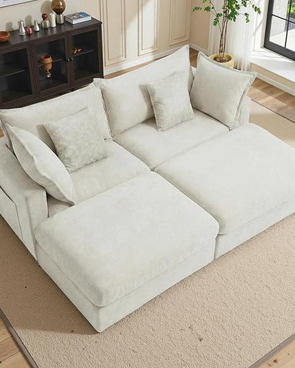 83" Down Filled Sectional Couch, Loveseat Modular Sectional Sofa with 2 Storage Ottoman, 2-Seat Chenille Deep Seat Sofa with Pillows for Living Room, Bedroom, Flexible Combination, Beige