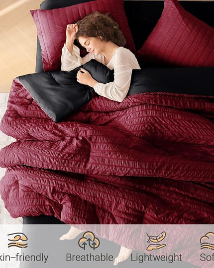 MUXHOMO 5 Pieces Twin Comforter Set, Seersucker Bed in a Bag Twin Size, All Season Luxury Bedding Set with Comforter, Flat Sheet, Fitted Sheet, Pillowcase & Sham, Red & Black