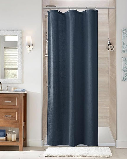 Naturoom Denim Blue 36 Inch Shower Curtain - Stall Narrow Half Linen Ultra Thick Fabric Shower Curtain Set with Hooks, Boho Farmhouse Rustic RV Camper Bath Curtains for Bathroom, 36x72