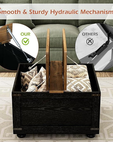 Farmhouse Coffee Table with Storage, Lift Coffee Tables for Living Room, Square Coffee Table with Wood Gourd Feet and Hydraulic Gas Rod (Black)