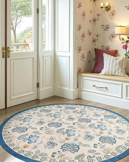 jinchan Elora 6ft Floral Round Rug for Dining Room Washable Living Room Rug Vintage Romance Design Non Slip Indoor Floor Cover Lightweight Low-Profile Throw Carpet for Bedroom Porch Patio, Blue/Beige
