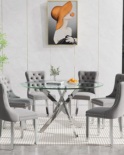 Round Glass Dining Table Set for 6, 47'' Clear Circular Kitchen Table and Chairs Set, 7PCS Modern Circle Dining Room Table Set with 6 Velvet Dining Chair for Home