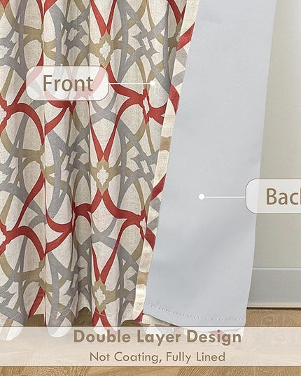 DriftAway Alexander 100% Blackout Curtains for Living Room Linen Blend Pattern Match Thermal Insulated Room Darkening Geo Moroccan Mid Century Back Tab Bedroom Drapes 2 Panels 52 x 108 Inch Linen Red