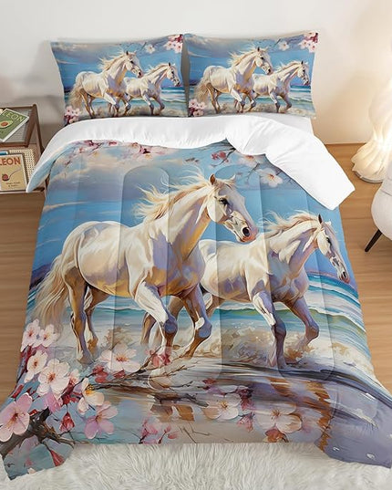 Western Farmhouse Horse Comforter Set,Pink Cherry Blossoms Bedding Sets for Kids Teens Girls Room Decoration,Coastal Beach Theme Bedding Queen Size Comforter Sets for Girls with 2 Pillowcases.