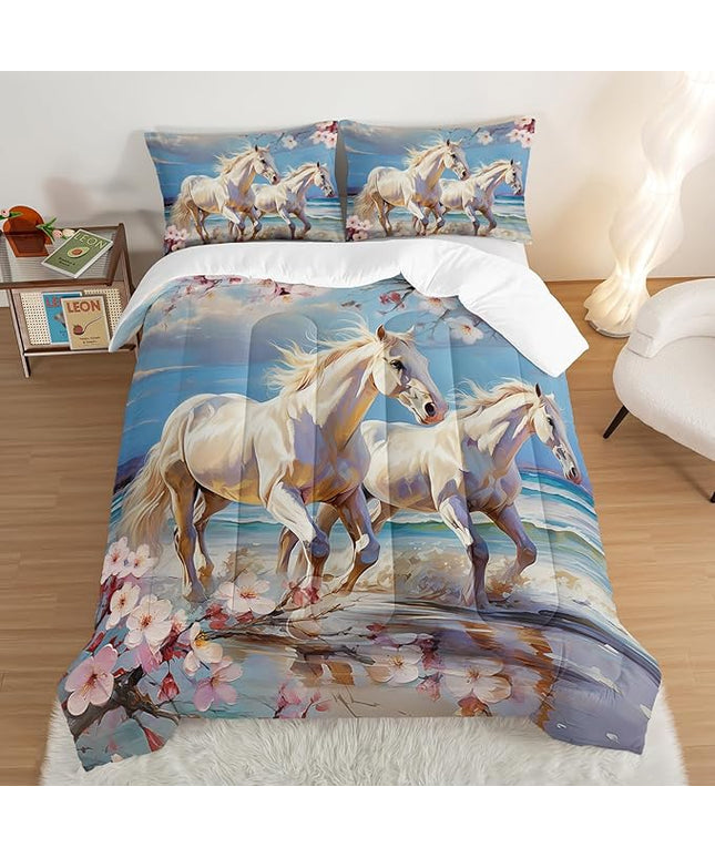 Western Farmhouse Horse Comforter Set,Pink Cherry Blossoms Bedding Sets for Kids Teens Girls Room Decoration,Coastal Beach Theme Bedding Queen Size Comforter Sets for Girls with 2 Pillowcases.