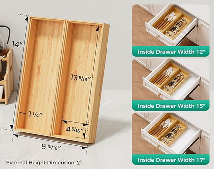 Bamboo Kitchen Drawer Organizer Boxes – 14" x 5" Stackable Wood Silverware Utensil Tray for Drawers, Cutlery & Flatware Storage – Wooden Organizers Set of 2 for Junk Drawer Bins, Bathroom, RV