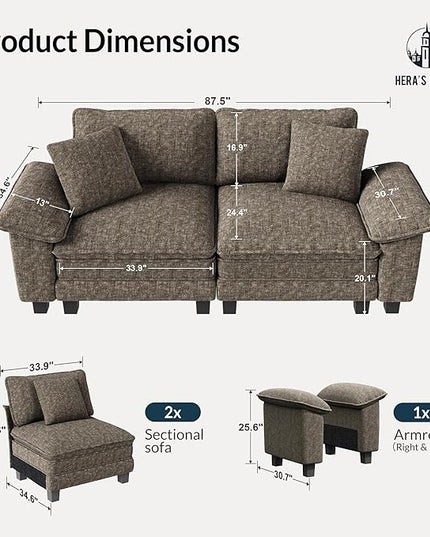 HERA'S HOUSE 88" Modular Sectional Sofa, Loveseat Couches for Living Room, Comfy Cloud Couch 2-Seater Deep Seat Sofa with Throw Pillow, Chenille Ash