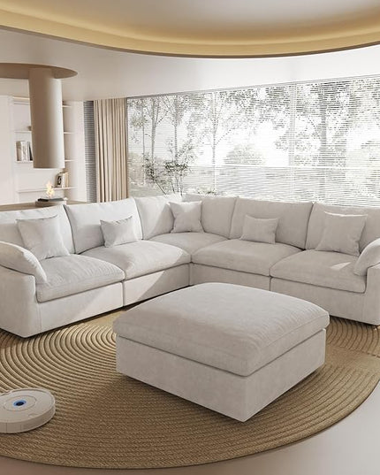 Modular Sectional Sofa Couch, 119.29" V Shaped Modular Couch with Storage Ottoman, Down Filled Convertible Sofa for Living Room, 6 Seat Wide Couches,Cushion Covers Removable,White