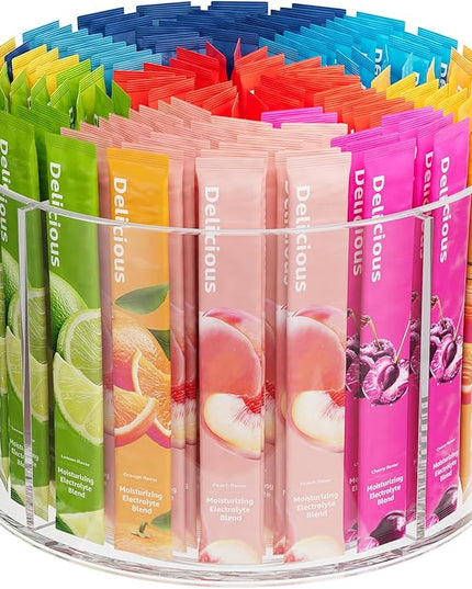 Divided Drink Packet Organizer, Rotating Turntable Organizer, Clear Lazy Susan for Powdered Drink Mix, Water Drink Packet Holder