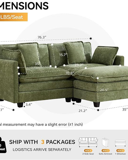 76'' Cloud Deep Seat Loveseat Sofa, Upholstered Chenille Modular 2-Seats Sectional Sofa Couch with Movable Ottoman, Modern Comfy Settee Loveseat for Living Room Set, Small Apartment, Green
